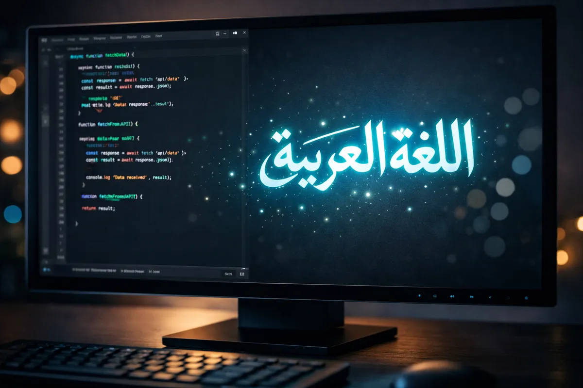 شاشة كمبيوتر تعرض عبارة اللغة العربية بتصميم لامع مع كود برمجي في الخلفية