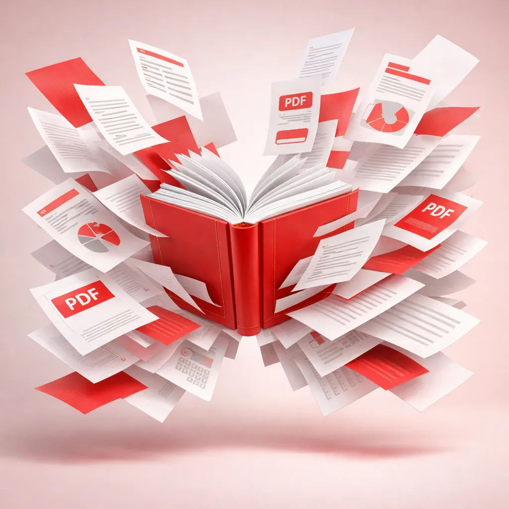 كتاب أحمر مفتوح تتطاير منه ملفات PDF متعددة بألوان حمراء وبيضاء
